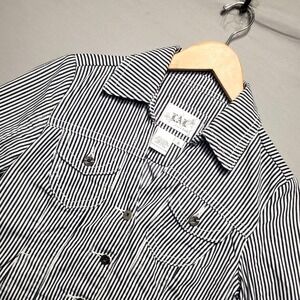 Live A Little Jacket Womens Small Blue White Railroad Striped Costal Cottagecore